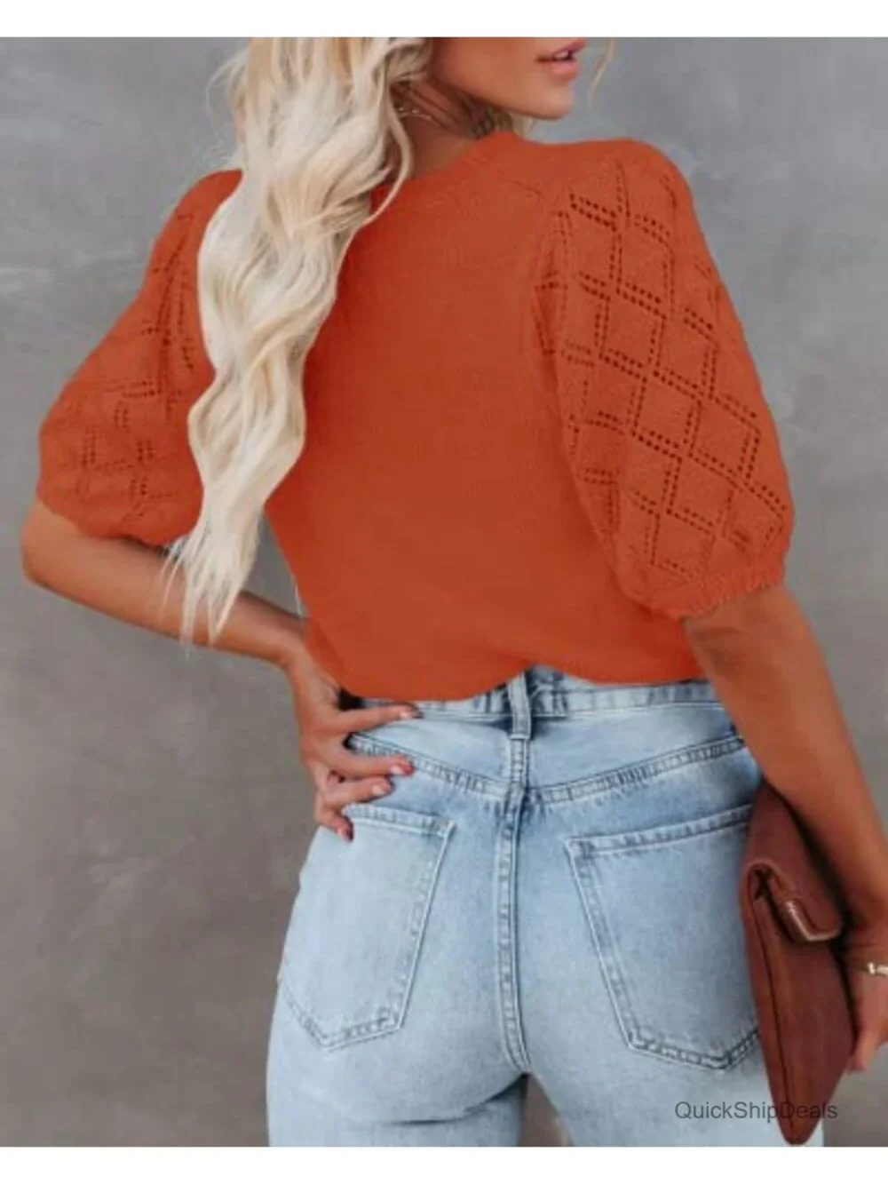 Ultra Soft Knit Crochet Crewneck Short Sleeve Pullover Blouse